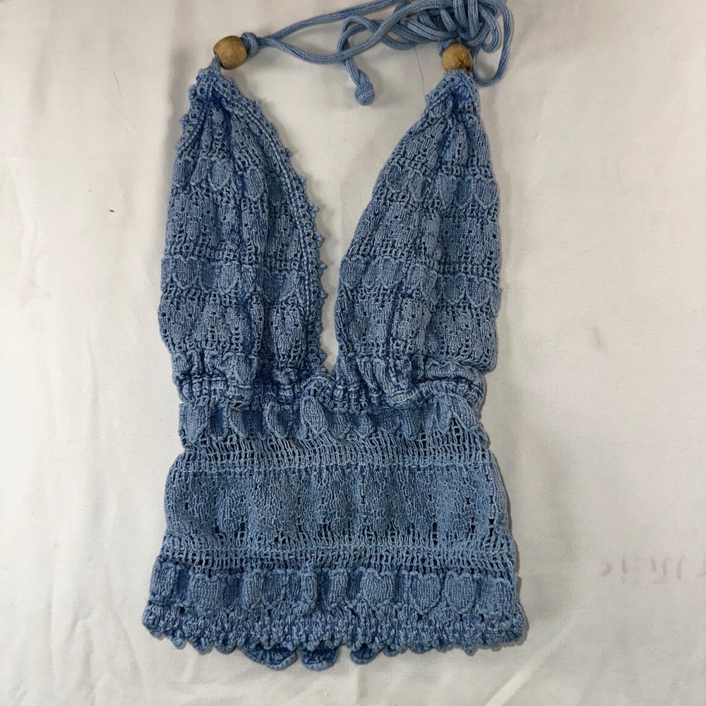 Blanco Blue Crochet Knit Halter Top 100% Cotton Wood Bead Boho Smocked Small